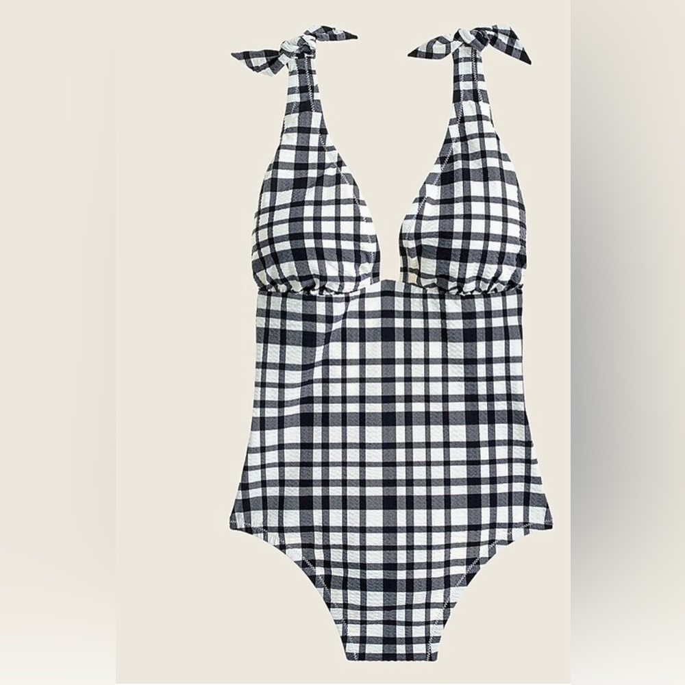 J. Crew Black & White Plaid Tie-Shoulder One-Piece Swimsuit